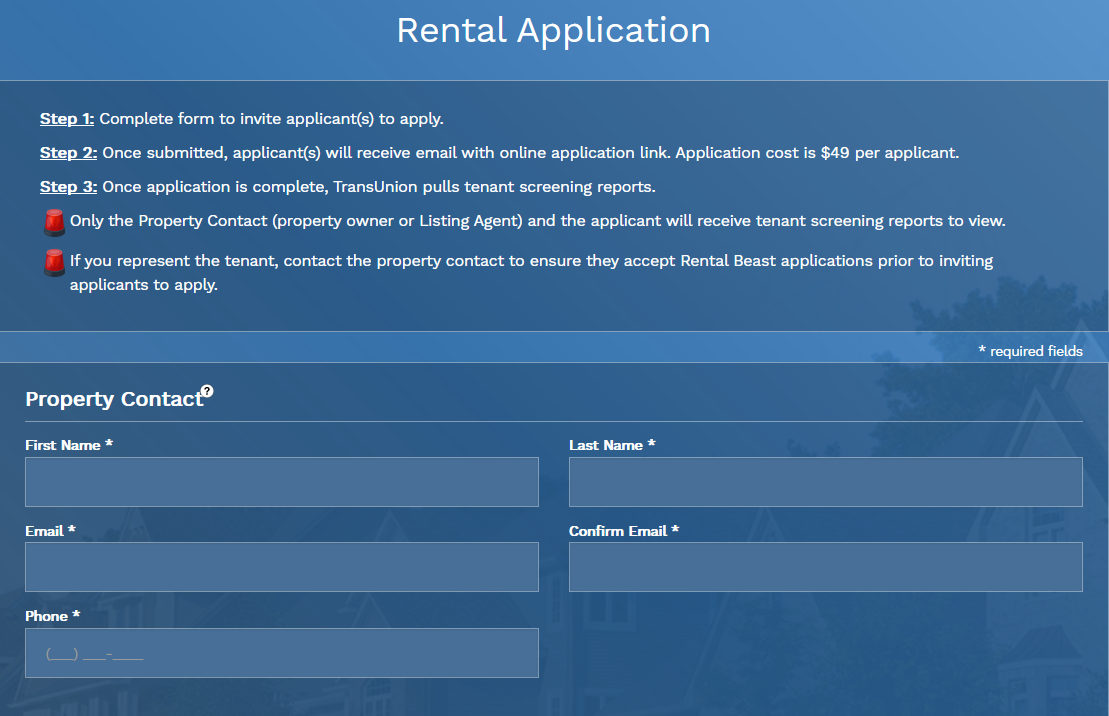 A user on a blue form rental application highlighting the 'Property Contact' section  after it's been initiated