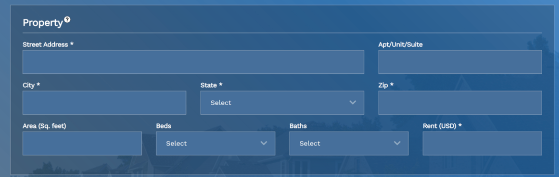 A user on a blue form rental application directly after initiating an application and highlighting the 'Property' section