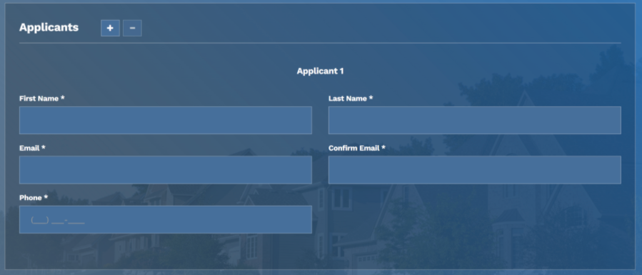 A user on a blue form rental application directly after initiating an application and highlighting the 'Applicants' section